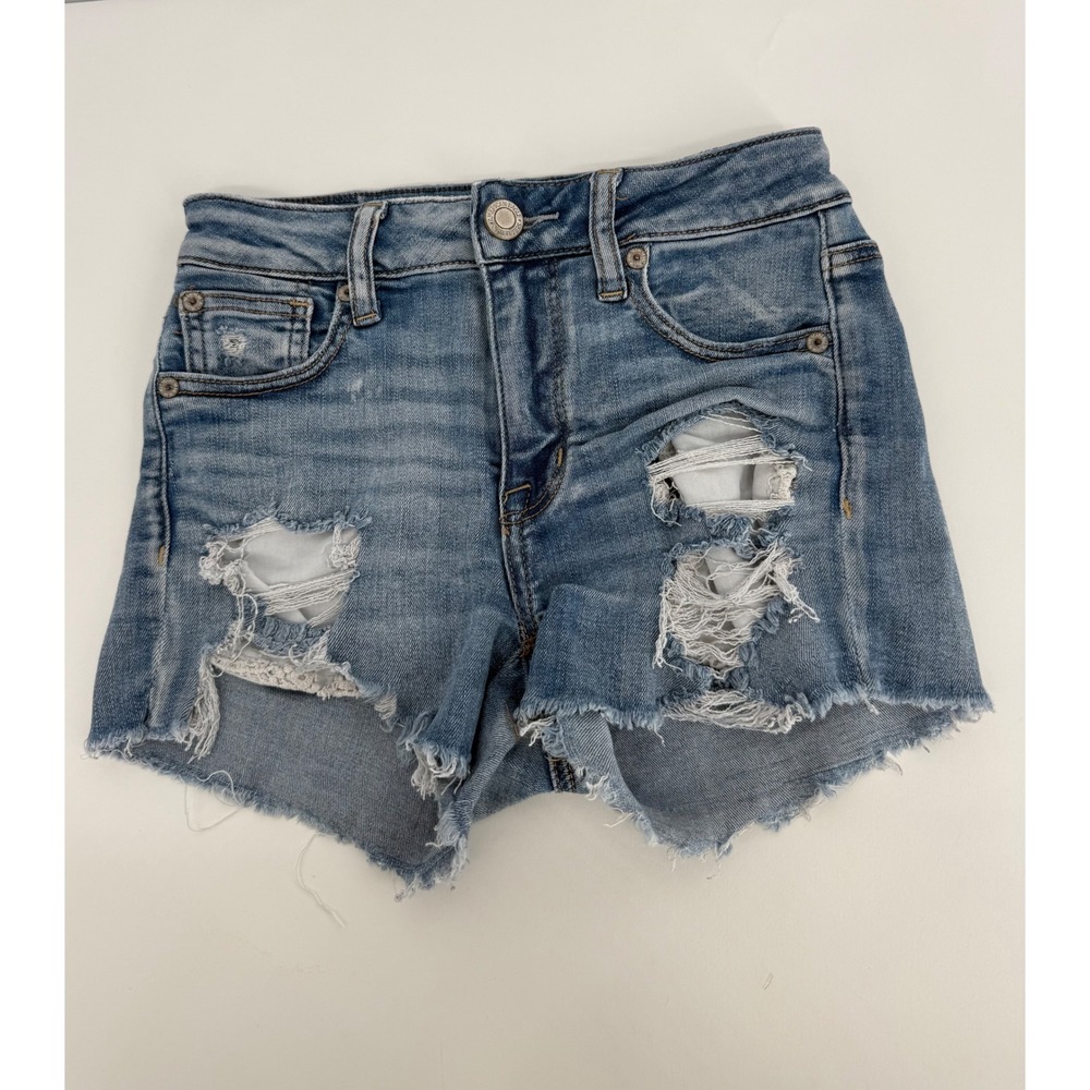 American Eagle Ne(x)t Level Stretch Distressed Denim Shorts Blue Women Sz 0
